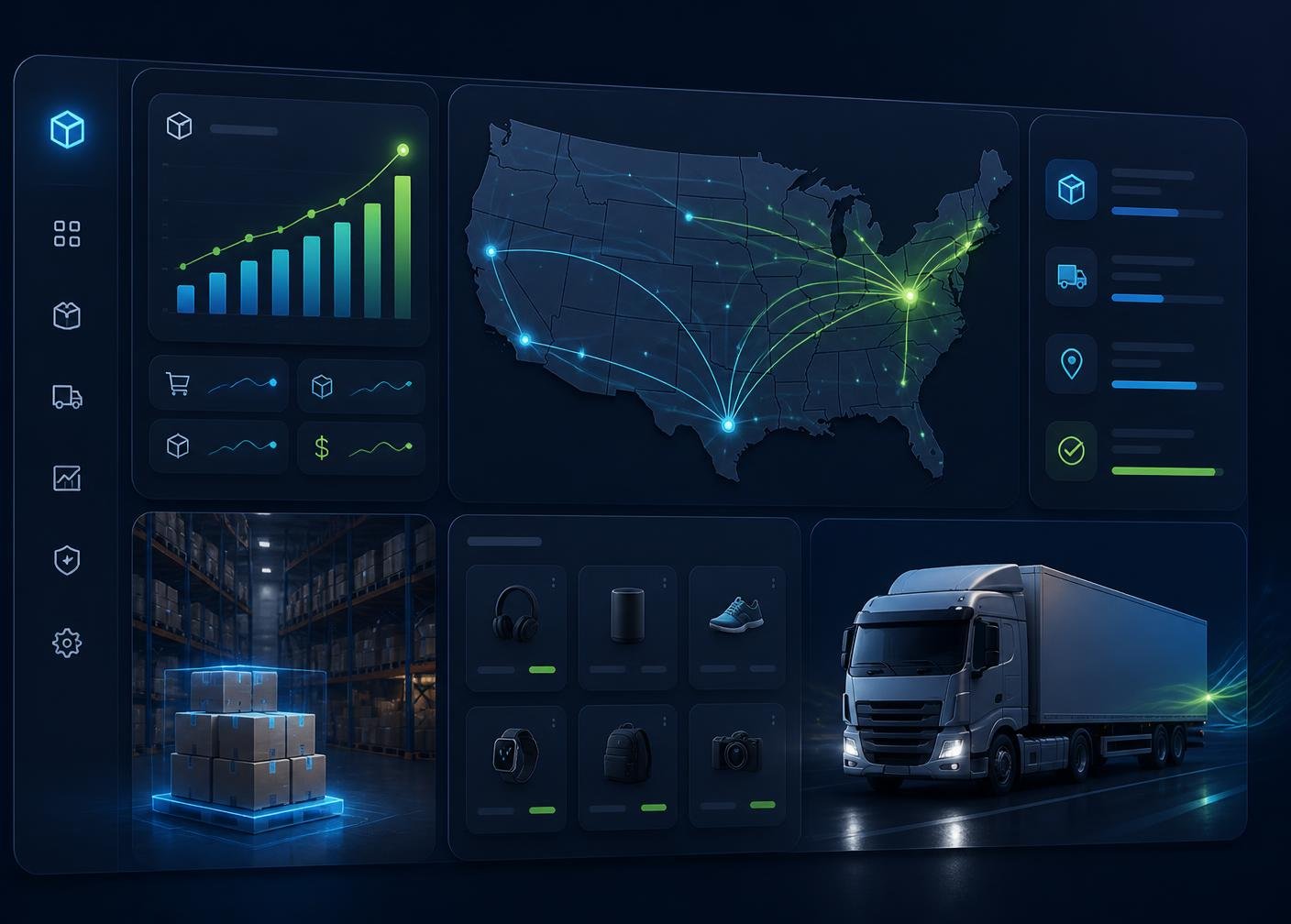 DailyGoods Fast warehouse dashboard showing US shipping routes, live order analytics, and same-day fulfillment